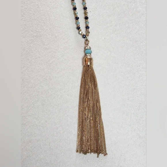 Multifaceted Crystal Tassel Lariat Necklace - Blue & Gold - Picture 3 of 8